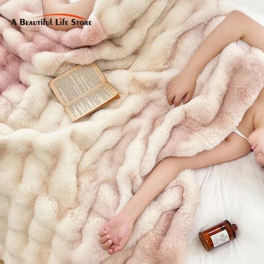 DecorBites™ Gradient Pink Double Layer Faux Fur Winter Blanket