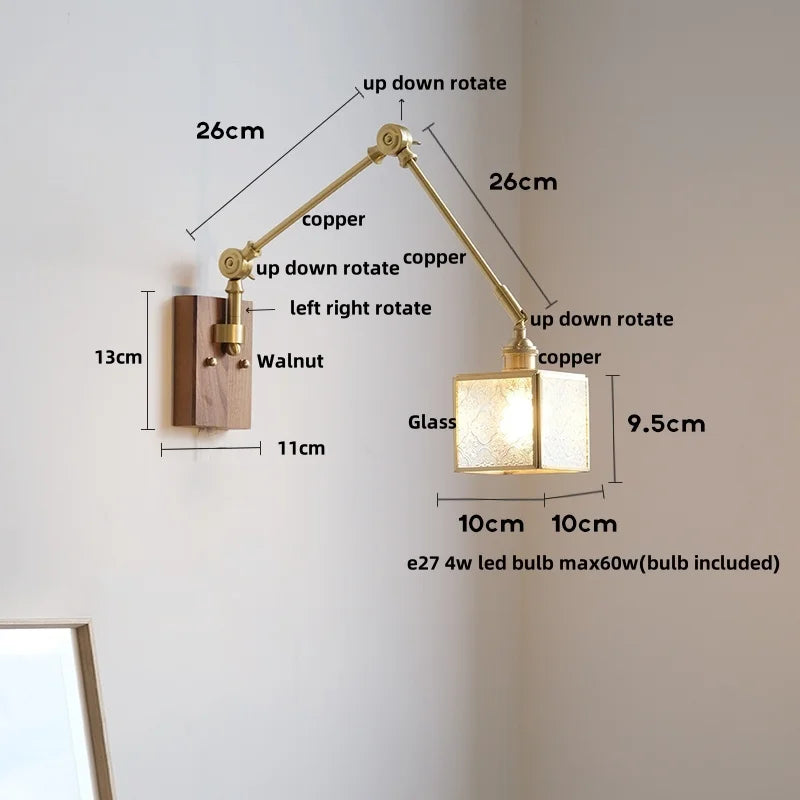 DecorBites™ Cube Glass LED Wall Sconce Walnut Wood 2 Arms Rotatable Mirror Light