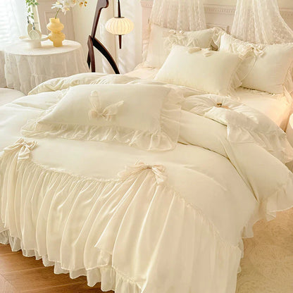DecorBites™ Korean Lace Bow Bedding Set: Luxury Princess Quilt Cover for Girls Wedding Home Textiles