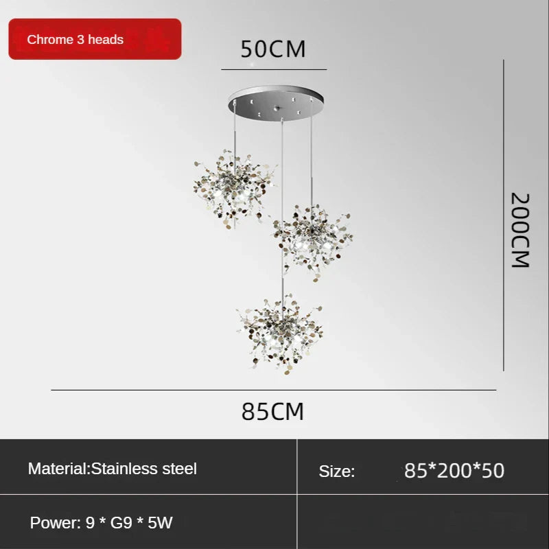 Sequin Leaf Ceiling Chandelier Gold 6-Head Long