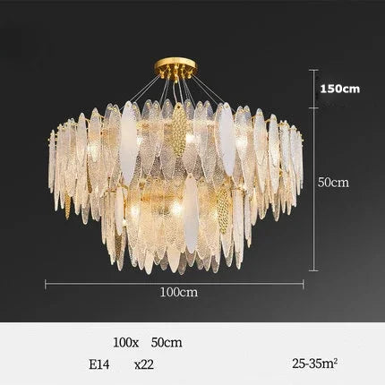 Gold Glass Pendant Chandelier 2-Tier 100cm