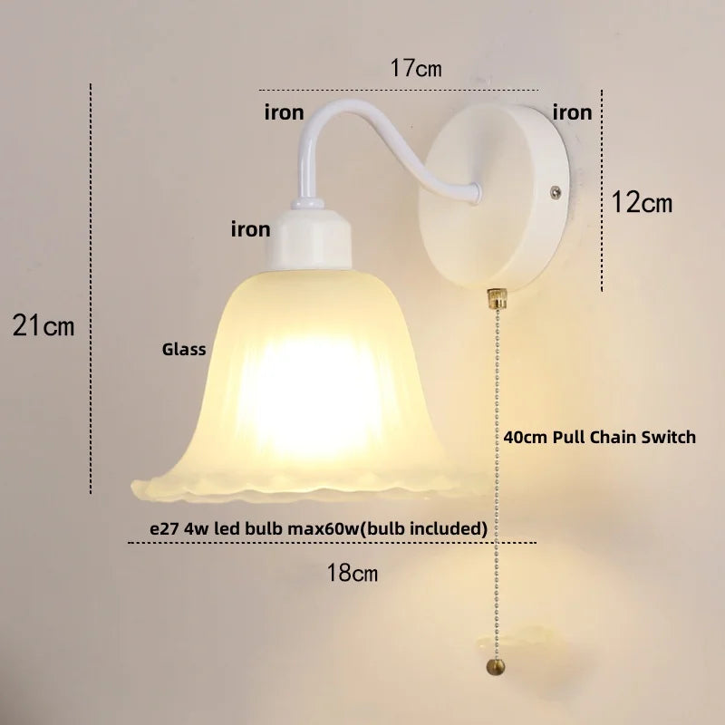 DecorBites™ Glass Iron LED Wall Sconce Pull Chain Switch Stair Light Fixture for Bedroom
