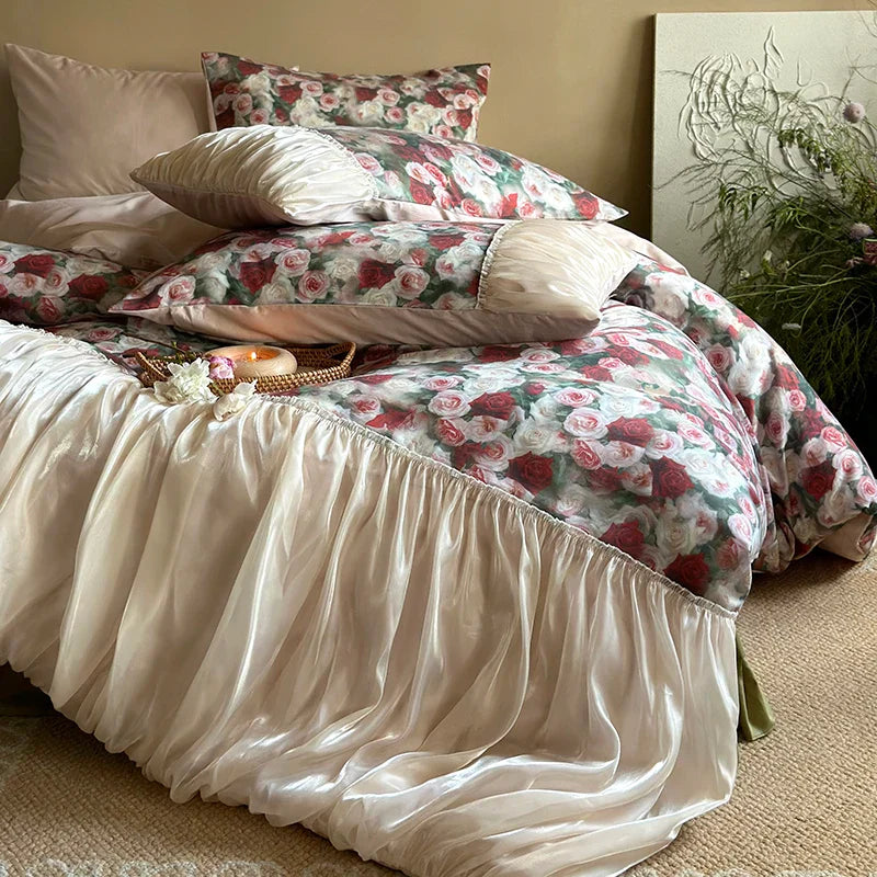 DecorBites™ French Rustic Rose Flowers Duvet Set with Pleated Ruffles & Egyptian Cotton