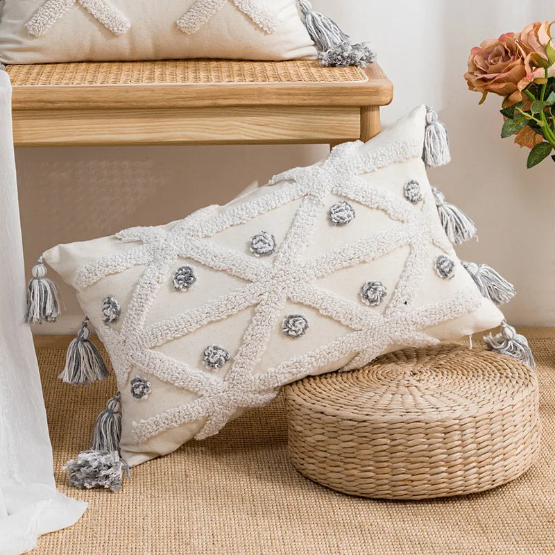 DecorBites™ Geometric Embroidered Cushion Cover with Tufted Tassels for Sofa and Bedroom