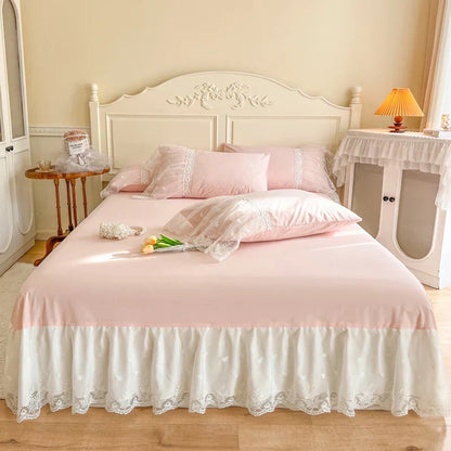 DecorBites™ French Princess Lace Ruffles Bedding Set, 100% Cotton, Pink Romantic Theme