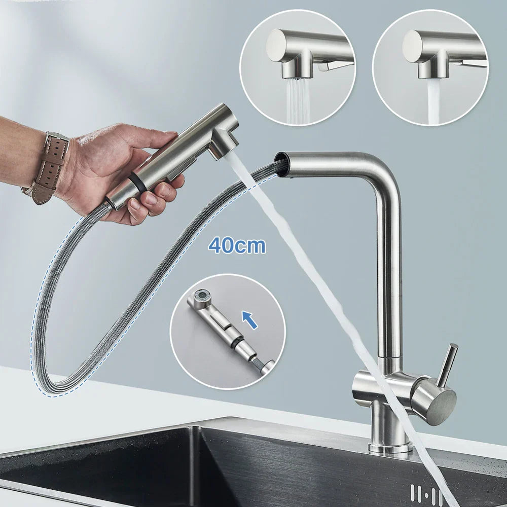 DecorBites™ Brushed Nickel Pull Out Kitchen Faucet Stainless Steel Tap Deck Install