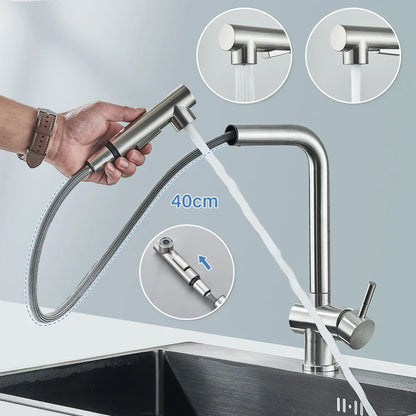 DecorBites™ Brushed Nickel Pull Out Kitchen Faucet Stainless Steel Tap Deck Install