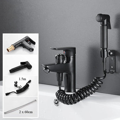 DecorBites™ Black Brass Single Handle Bathroom Basin Faucet with Shower Head, Hot and Cold Mixer Tap