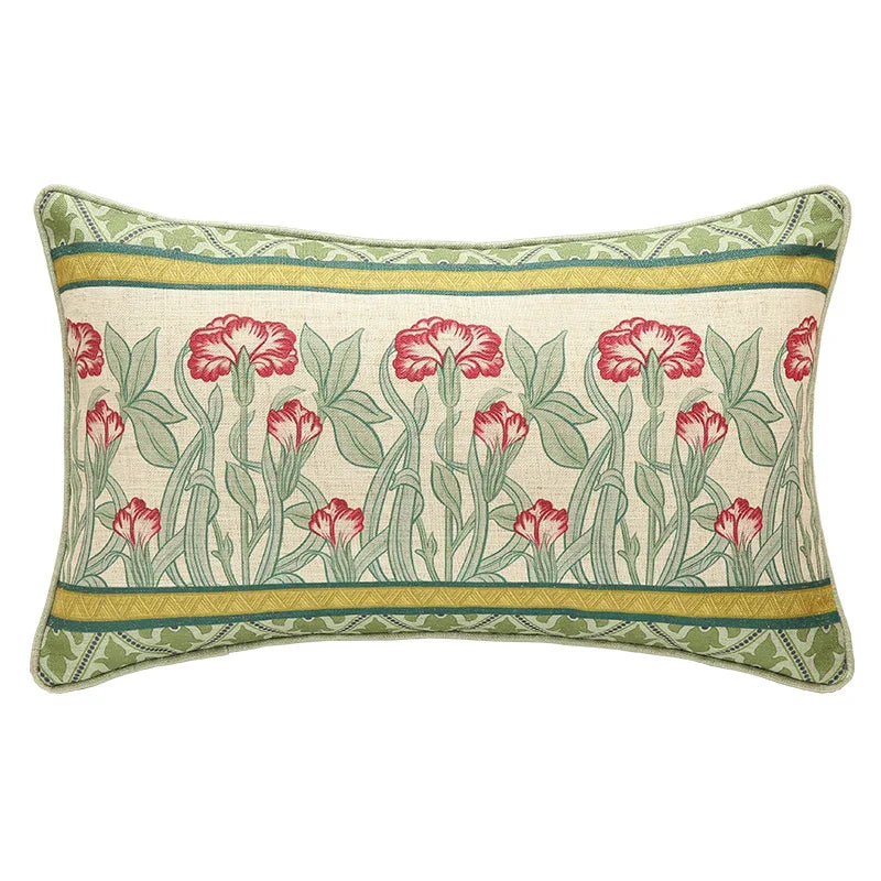 DecorBites™ French Linen Flax Lumbar Pillow Cover Flower Birds Print, Fairy Green