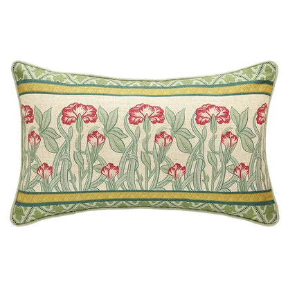 DecorBites™ French Linen Flax Lumbar Pillow Cover Flower Birds Print, Fairy Green