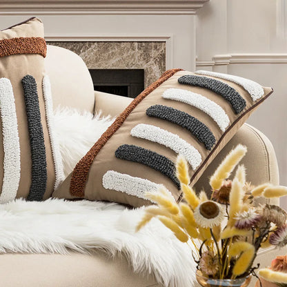 DecorBites™ Geometric Embroidery Boho Loop Tufte Cotton Canvas Cushion Cover 45x45/30x50cm