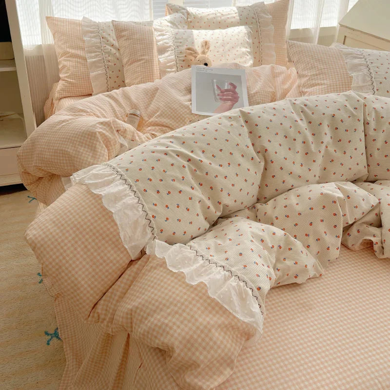 DecorBites™ Cotton Small Florals Princess Bedding Set - Queen Size - Duver Cover Bed Sheet Bed Skirt Pillowcases