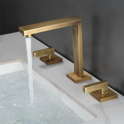 DecorBites™ Brushed Gold Basin Faucet: Brass Antique Sink Faucet, 3 Hole Waterfall Bathroom Tap