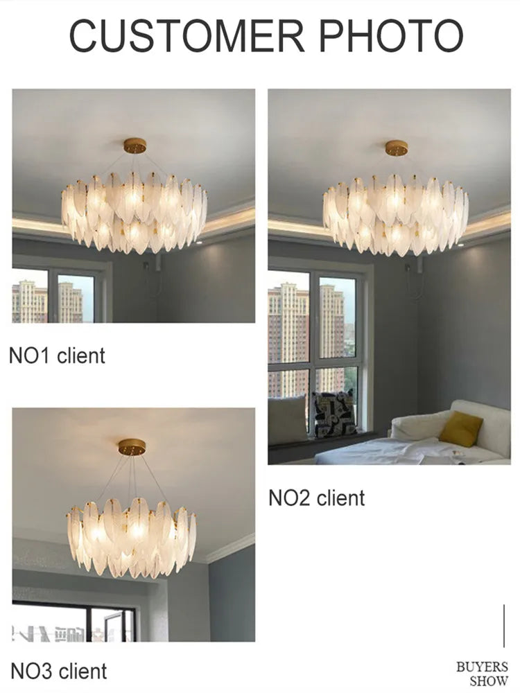 DecorBites™ Glass Feather Chandelier: Luxury Art Decor for Living Dining Room