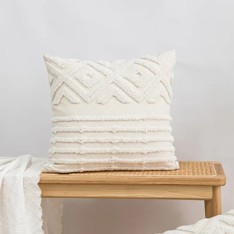 DecorBites™ Geometric Embroidery Tassel Cushion Cover - Grey White Simple Loop Tufted Pillow