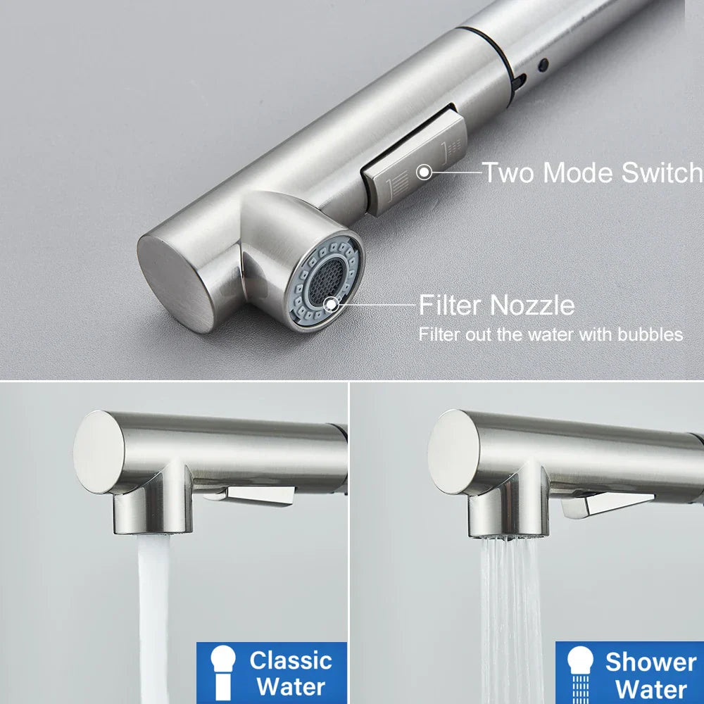DecorBites™ Brushed Nickel Pull Out Kitchen Faucet Stainless Steel Tap Deck Install