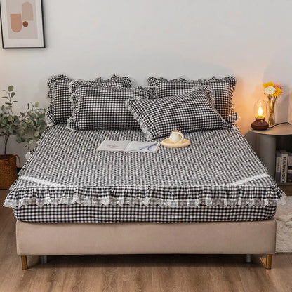 DecorBites™ Cotton Plaid Stripe Ruffles Bedding Set with Lace Accents
