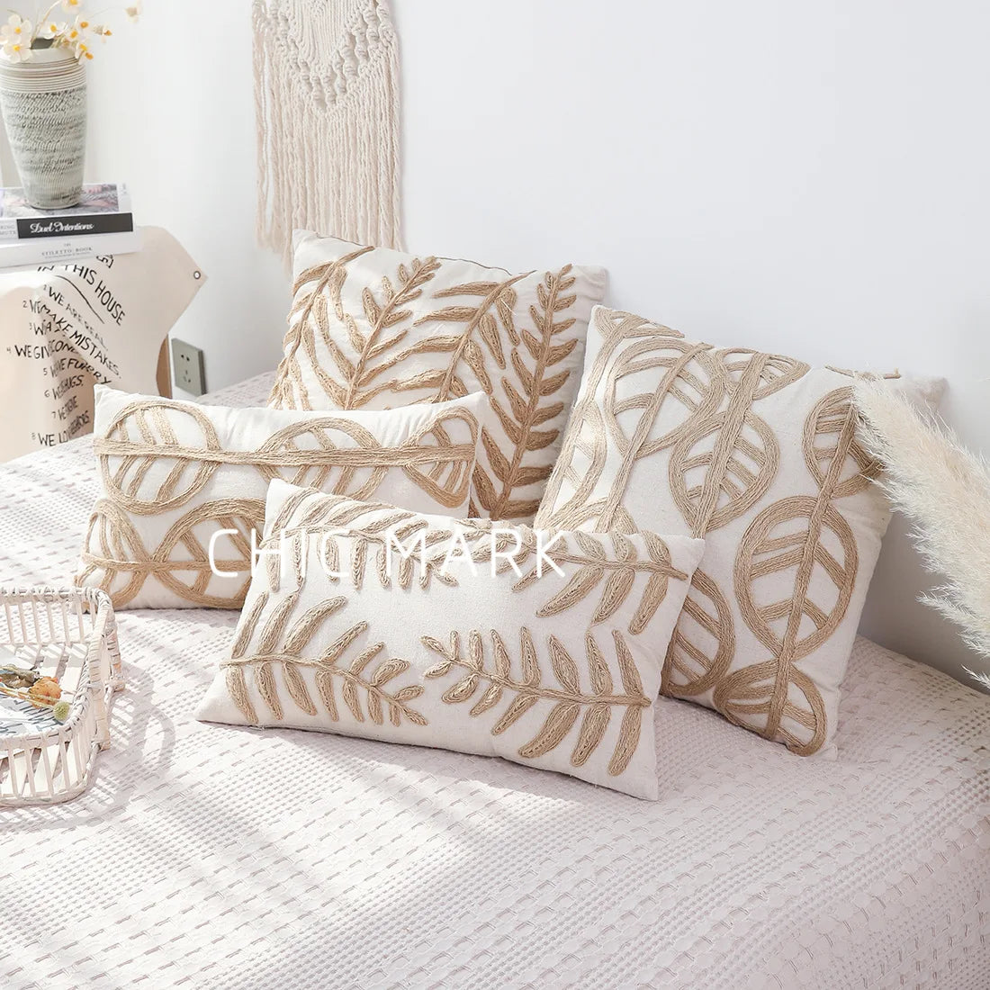 Embroidered Leaves Pillow Cover