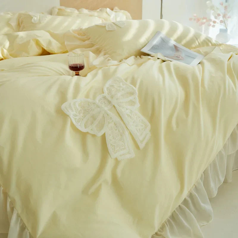 DecorBites™ Korean Lace Ruffles Queen Size Duvet Cover with Bow Detail - Romantic French Design