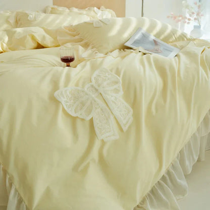 DecorBites™ Korean Lace Ruffles Queen Size Duvet Cover with Bow Detail - Romantic French Design