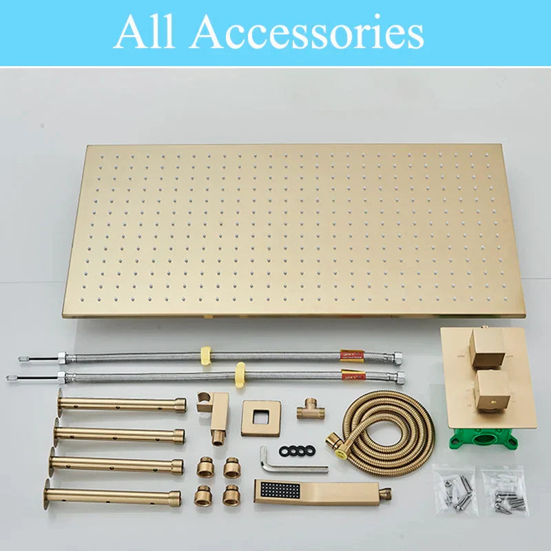 DecorBites™ Brushed Gold LED Thermostatic Shower Faucet Set with Ceiling Rainfall Shower Head
