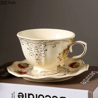 DecorBites™ Lace Edge Flower Ceramic Cup & Saucer Set - Gold-plated Teacup for Dining Table