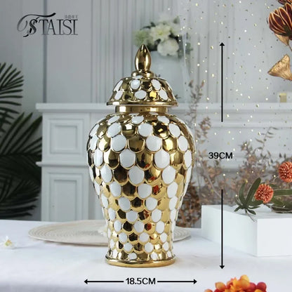 DecorBites™ Geometric Golden Porcelain Jar - Home Decor Vase & Storage Tank