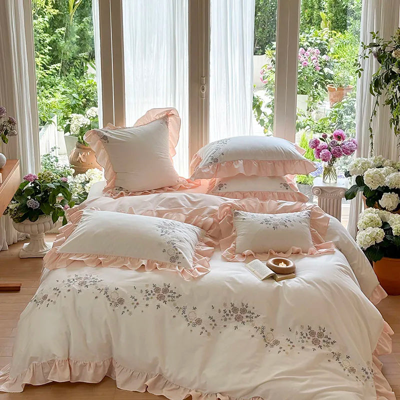 Embroidered Cotton Bedding Set Lace Ruffle King