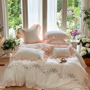 Embroidered Cotton Bedding Set Lace Ruffle King