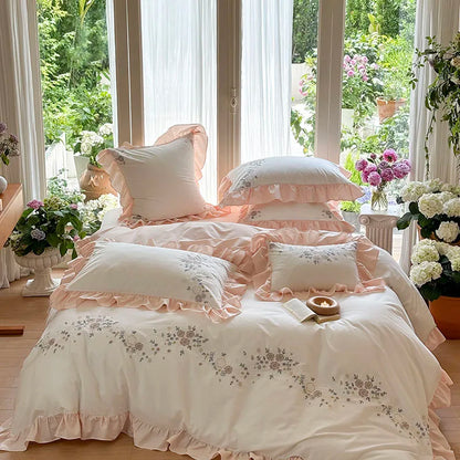 DecorBites™ Korean Princess Lace Ruffles Flowers Embroidery Bedding Set with 100% Cotton Quality.