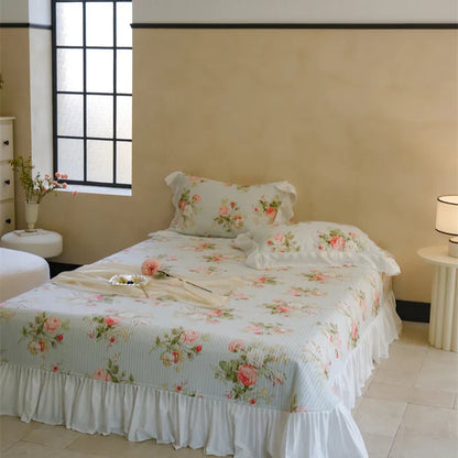DecorBites™ Cotton Floral Ruffles Quilted Bedspread Set with Pillowcases