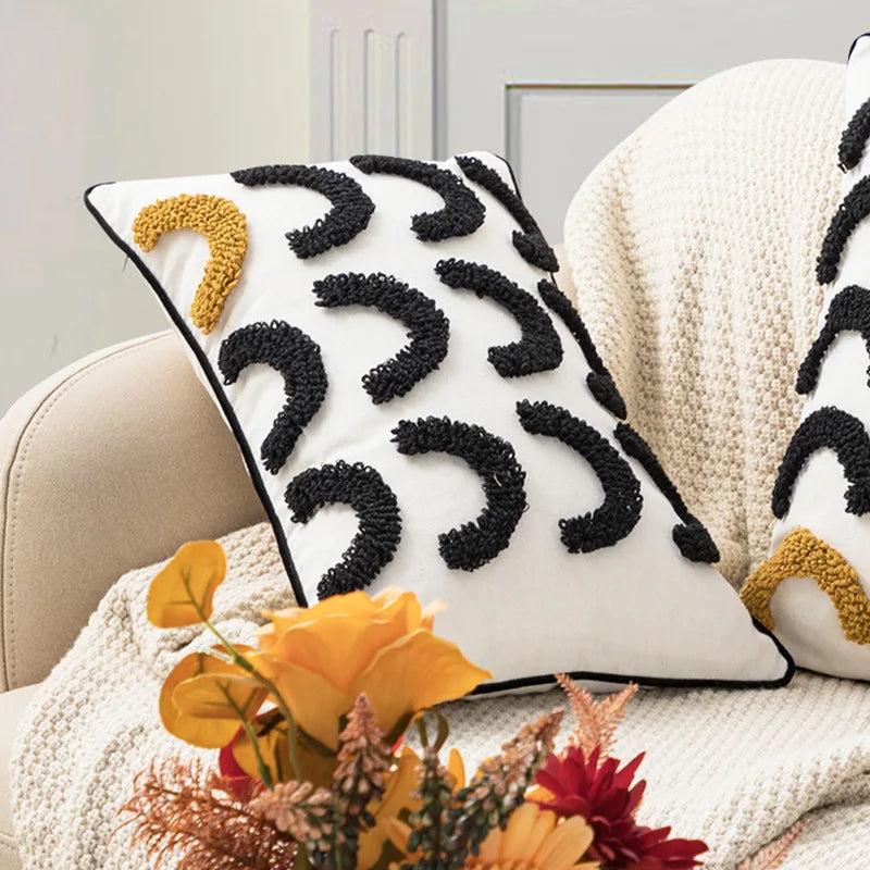 DecorBites™ Geometric Embroidery Boho Loop Tufte Cotton Canvas Cushion Cover 45x45/30x50cm