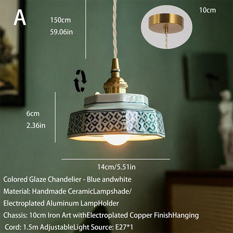 Japanese Retro Ceramic Pendant Light in Red or Blue