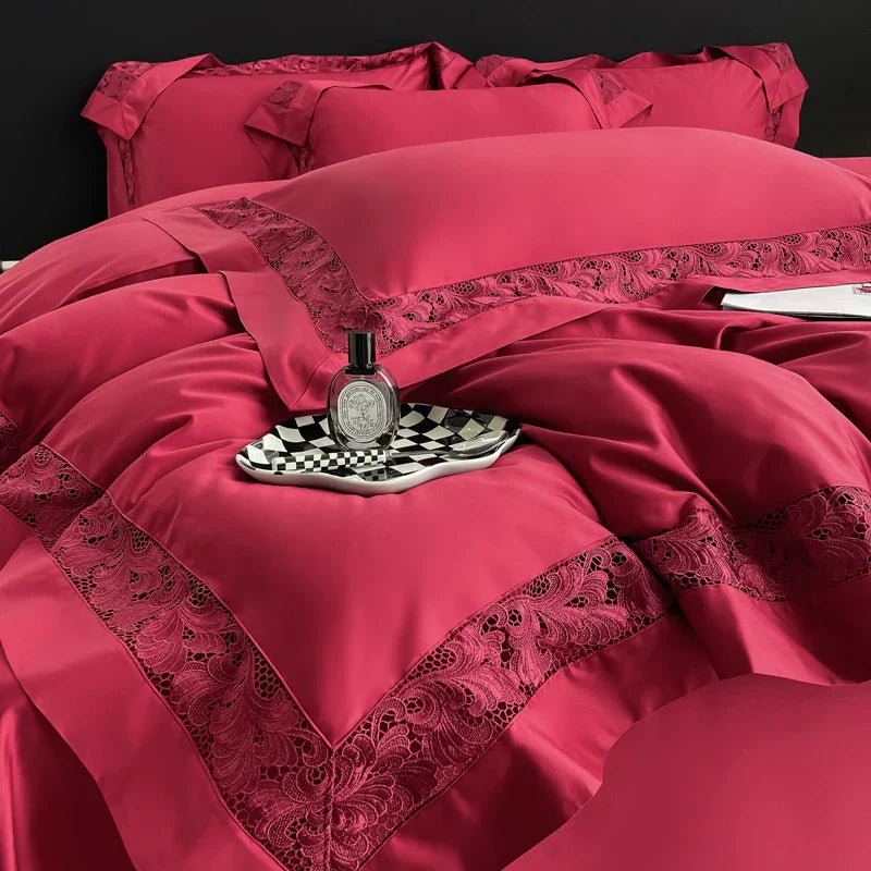 DecorBites™ Lace Embroidery 1200TC Egyptian Cotton 4Pcs Bedding Set with Wide Hollow Design