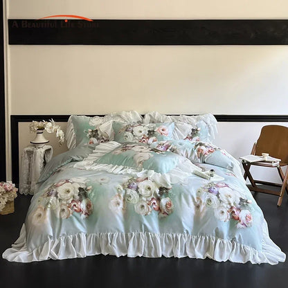 DecorBites™ French Flowers Lace Ruffles Bedding Set: Soft Silky Ice Silk for Single Queen King