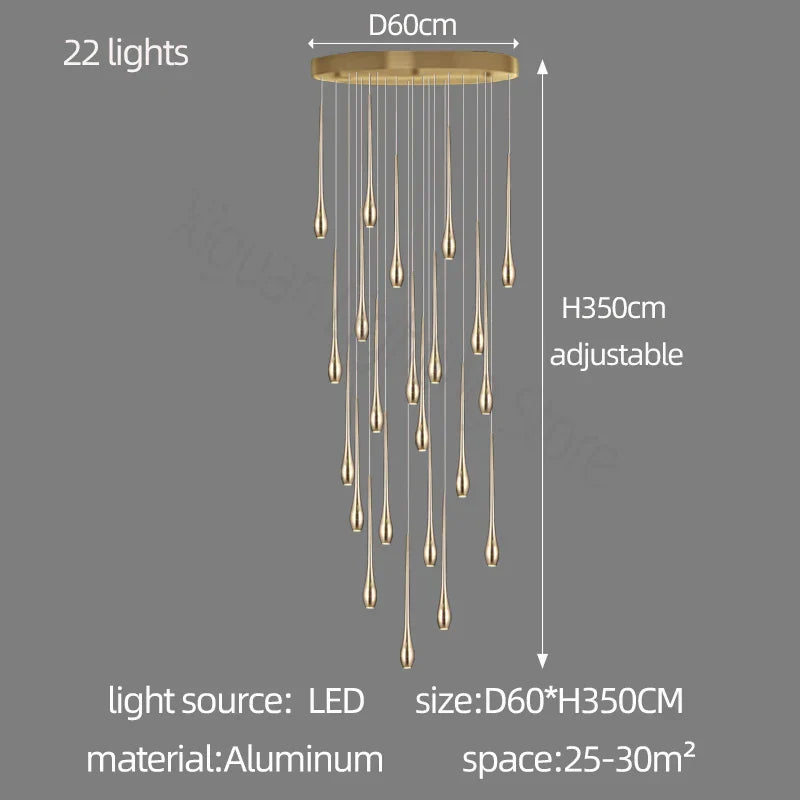 Gold Duplex LED Chandelier 12-Light Staircase