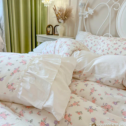 DecorBites™ Cotton Floral Print Bedding Set with Pleat Lace Ruffles, 4-Piece Ensemble