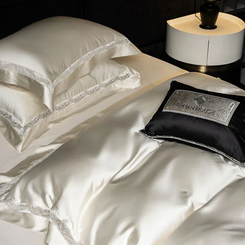 DecorBites™ Luxe Brocade & Egyptian Cotton Bedding Set with Hollow Lace Edge