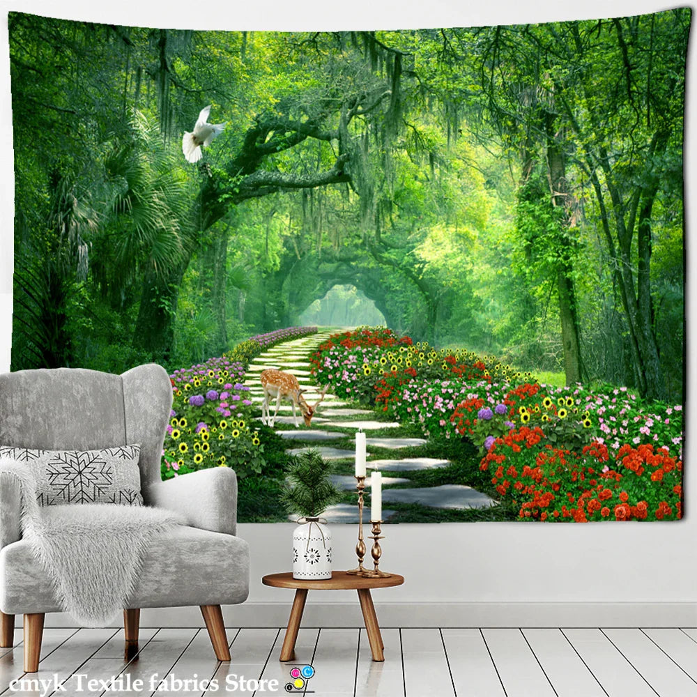 DecorBites™ Bamboo Forest Pigeon Path Tapestry: Hippie Psychedelic Wall Hanging for Natural Home Decor