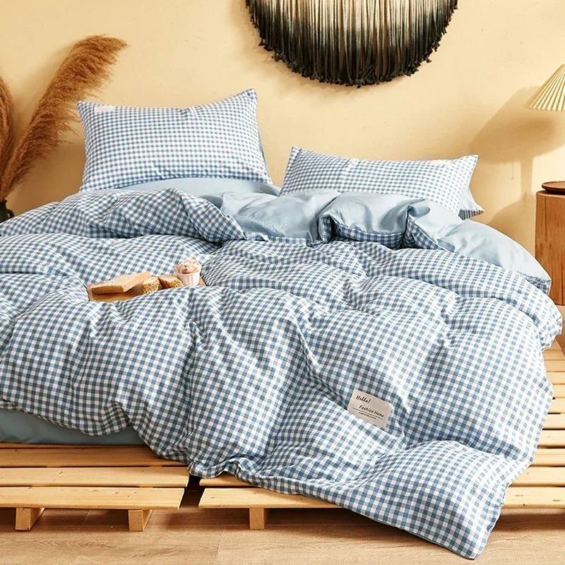 Cotton Grid Print Bed Set