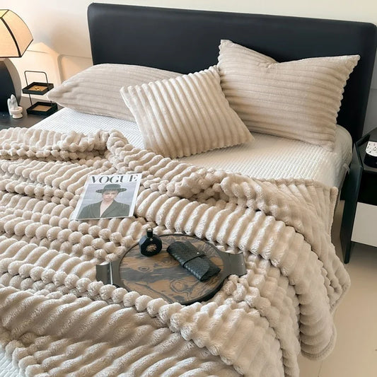 DecorBites™ Cozy Coral Fleece Striped Solid Blanket for Winter Sofa Cover Queen King Sizes