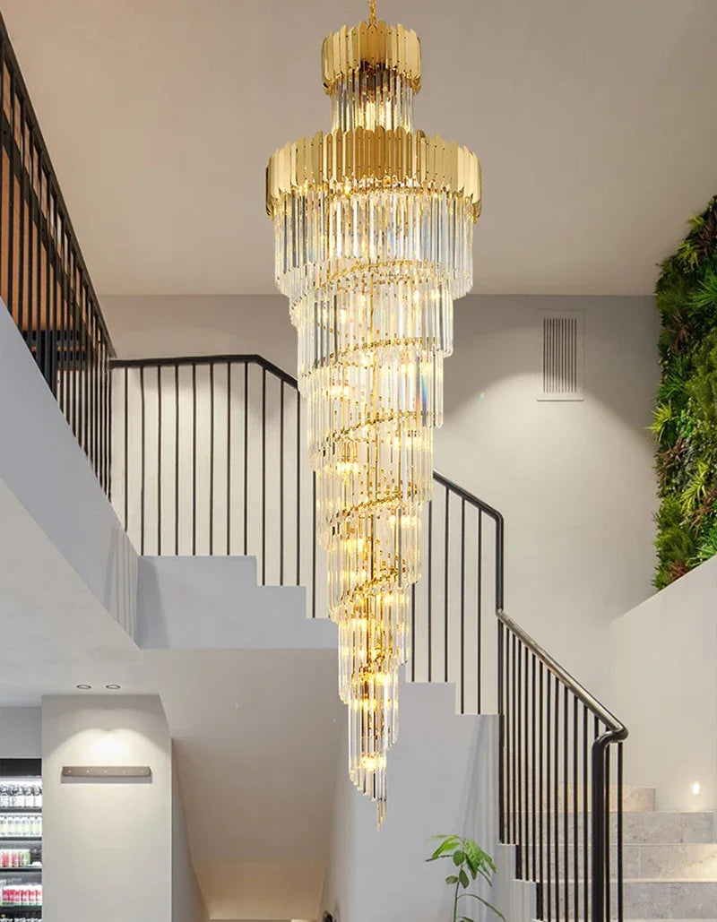 DecorBites™ Golden Luxury Hotel Lobby Crystal Chandelier for Multi-Story Staircase Lighting