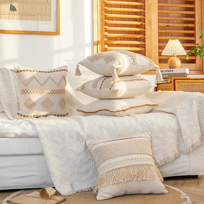 DecorBites™ Geometric Tufted Cushion Cover with Handmade Tassels & Patchwork