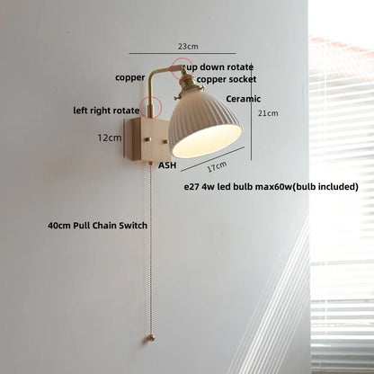 DecorBites™ Globe Ceramic Walnut Wood Wall Light with Pull Chain Switch and Rotatable Design