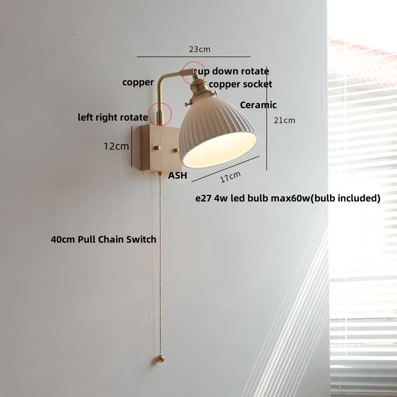DecorBites™ Globe Ceramic LED Wall Lights Walnut Wood Sconce Rotatable Bedside Lamp