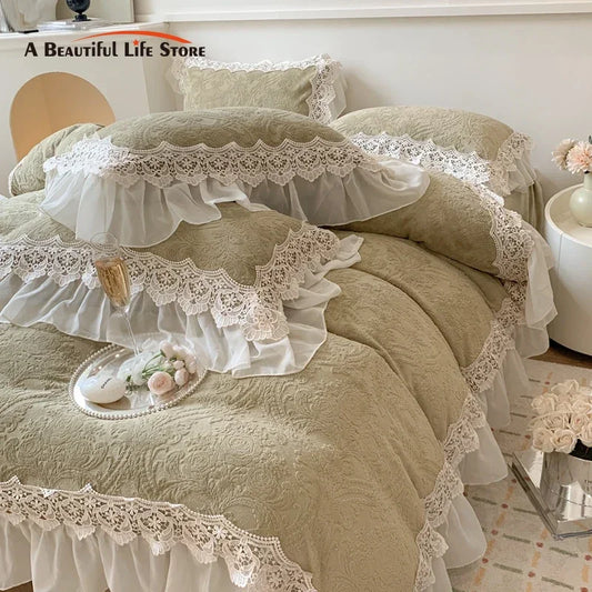 DecorBites™ French Lace Ruffles Velvet Bedding Set, Furry Duvet, Sheet, Pillowcases