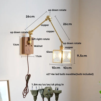 DecorBites™ Cube Glass LED Wall Sconce Walnut Wood Rotatable Mirror Light