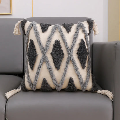 DecorBites™ Geometric Tufted Tassel Cushion Cover Cotton Canvas Fall Pillow Cover