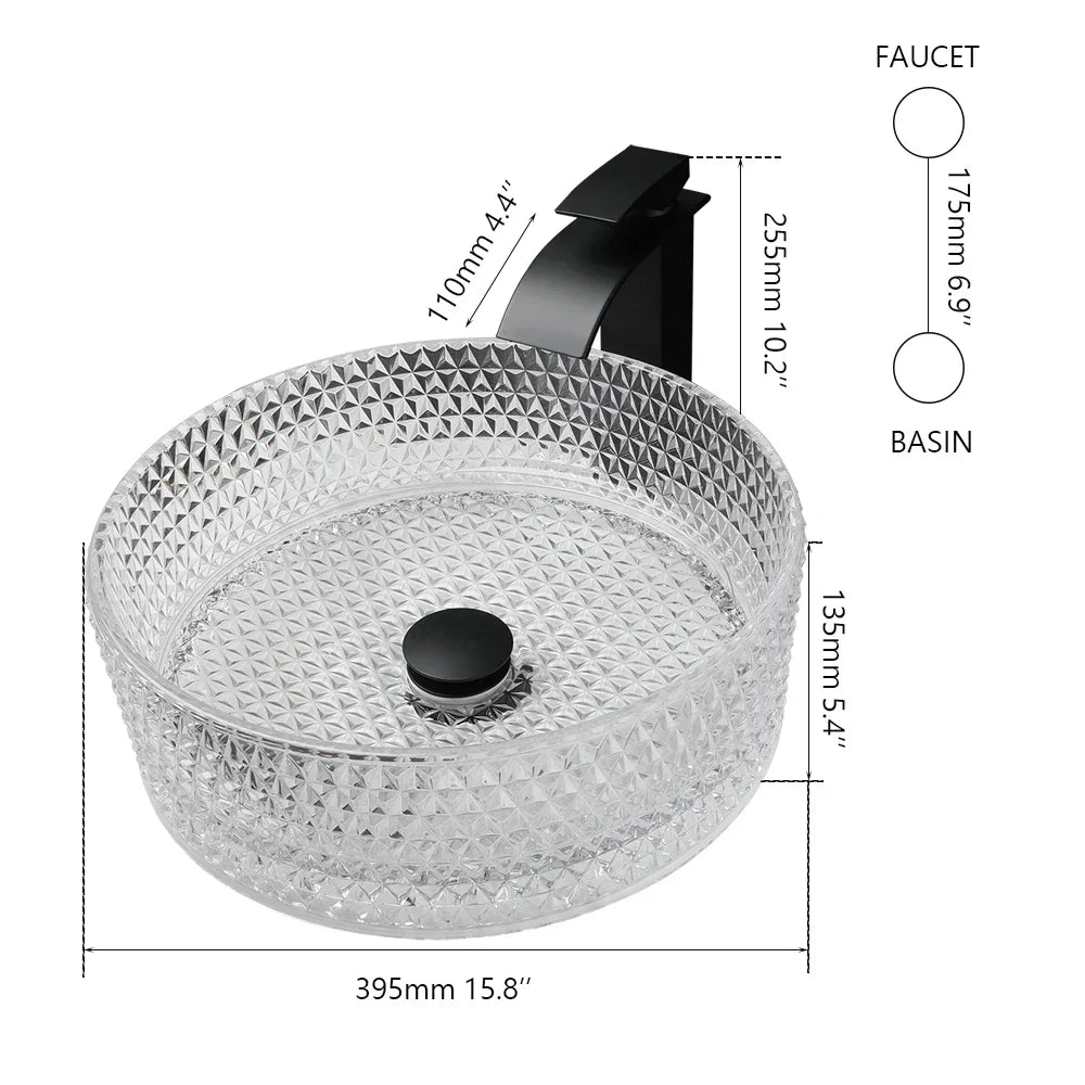 DecorBites™ Diamond Glass Basin Set with Matte Black Faucet and Pop-up Drain Mixer Tap