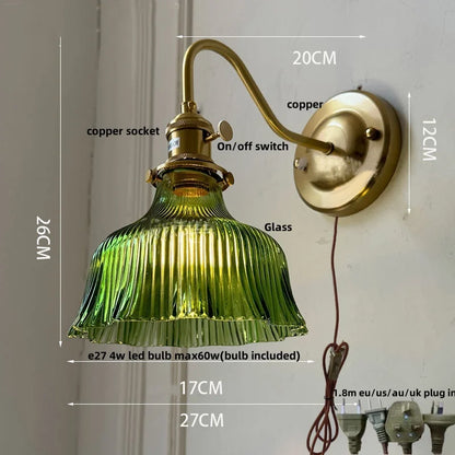 DecorBites™ Green Glass LED Wall Light with Copper Knob Switch for Modern Home Décor